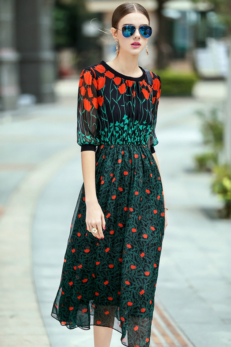 凯弗思 欧洲站2016春季新款女装欧美郁金香花真丝长款连衣裙11295