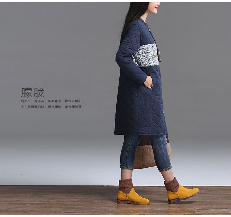 璞衣 2016秋秋季新品大码女装 夹棉加厚立领衬衣中长款长袖棉麻衬衫外套上衣 藏青色 M