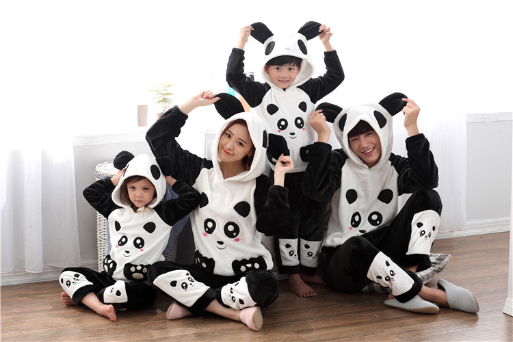亲子长袖可爱卡通熊猫印花法兰绒舒适睡衣套装 甜美可爱家居服套装su