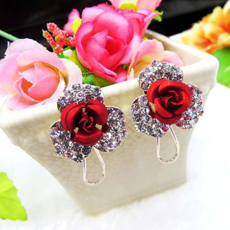 玉见钟情 气质淑女玫瑰花花瓣镶钻大耳环耳扣女 蓝色