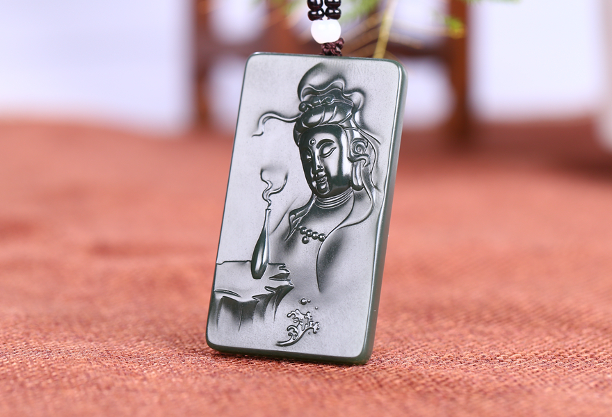 【实物已检】河南省玉石雕刻大师时晓铎作品 和田玉青玉净瓶观音牌子