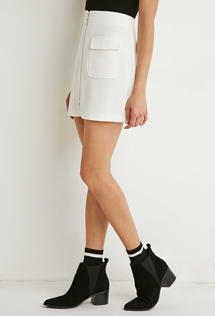 forever21 摩登拉链弹力迷你半身短裙 奶油色 s