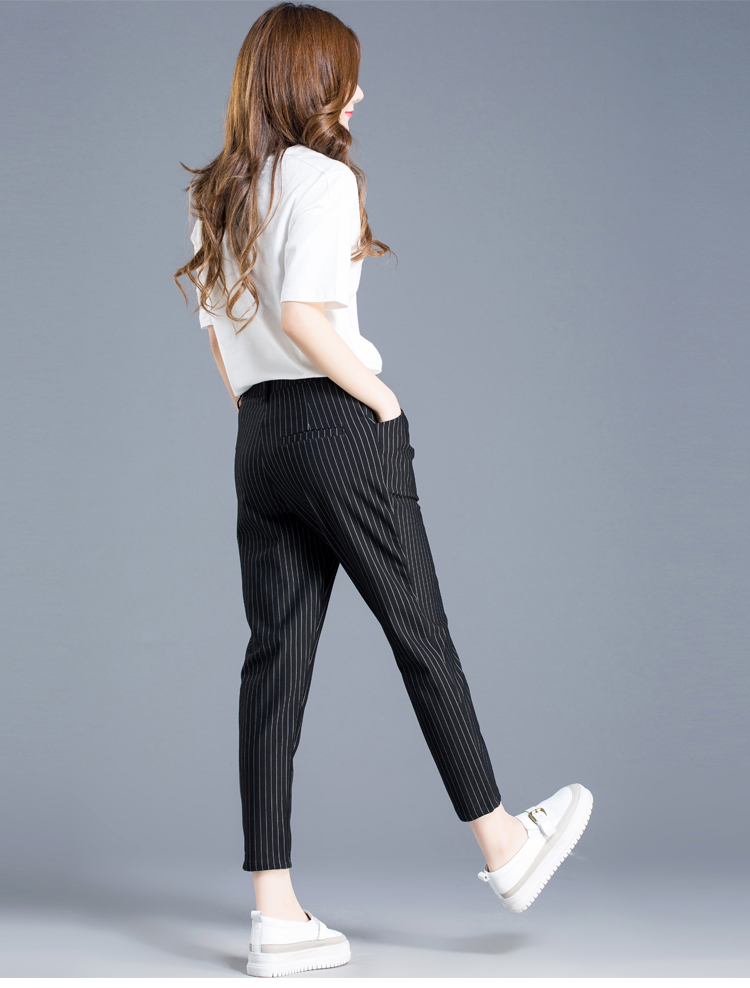 朵沐缦 竖条纹裤子女宽松韩版哈伦裤女2020春夏新款显瘦高腰休闲裤九