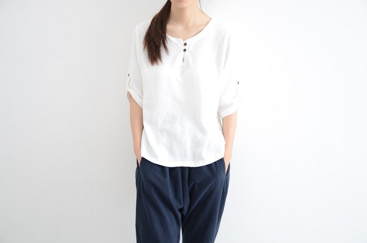 
                                        VIVIWILL 棉麻短袖T恤女夏 2017新款圆领大码宽松显瘦森女短袖上衣 白色 均码                