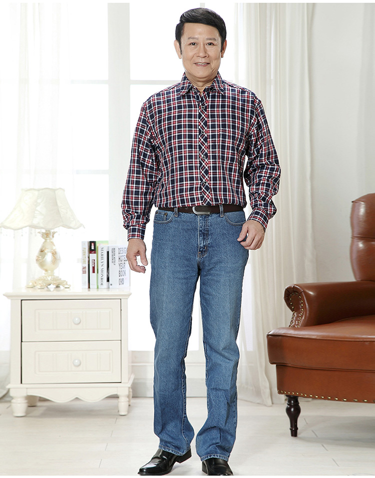 aszx 2014中年男士长袖衬衫纯棉休闲格子中老年男装长