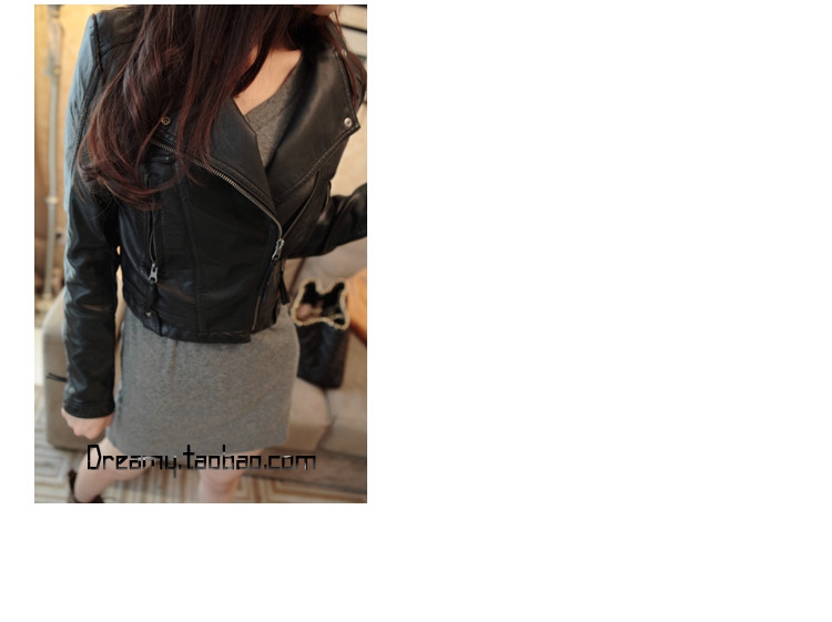 斯番陈 皮衣女短款修身2014秋装新款女装 欧美显瘦修身机车服小皮衣 长袖短款皮夹克外套潮 黑色 M