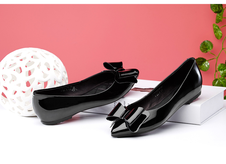意尔康女鞋2016春季平底单鞋浅口内增高漆皮尖头蝴蝶结低跟工作鞋6171