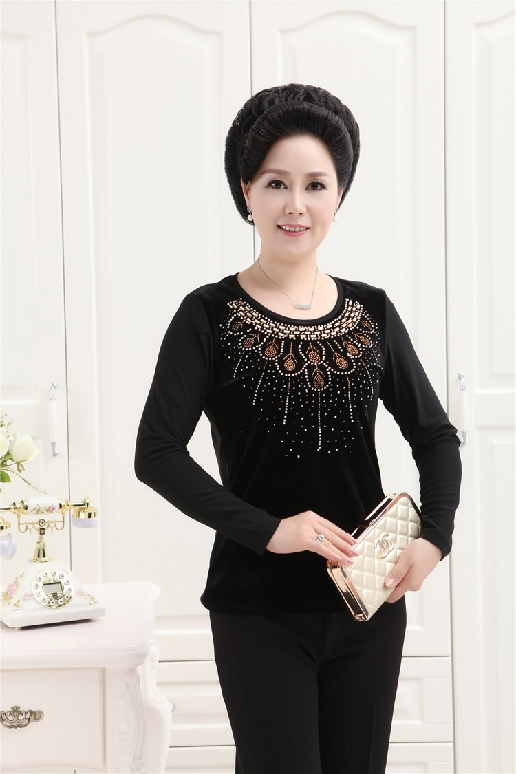 2015新品中老年女装金丝绒长袖中年大码秋装t恤妈妈装打底衫    上衣潮 红色 XL