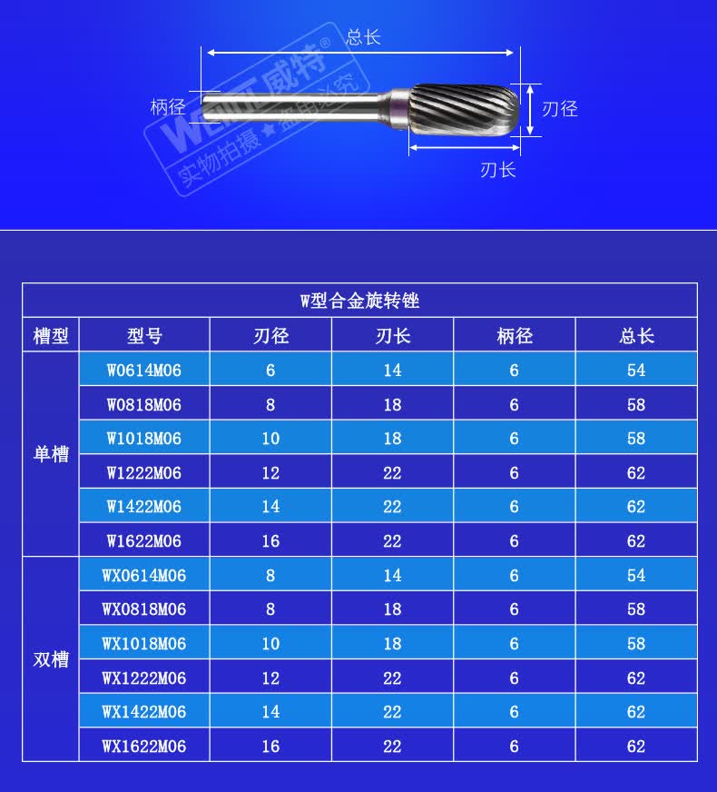 weitol威特高精度耐磨硬质合金旋转锉刀电磨头铣刀金属雕刻打磨w型