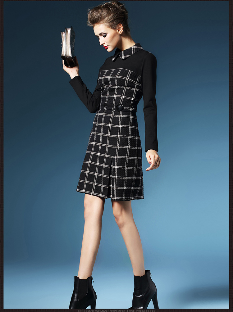 伊莲娜2015冬季新款女装 欧洲站大牌拼接毛呢格子连衣裙中长款 黑色