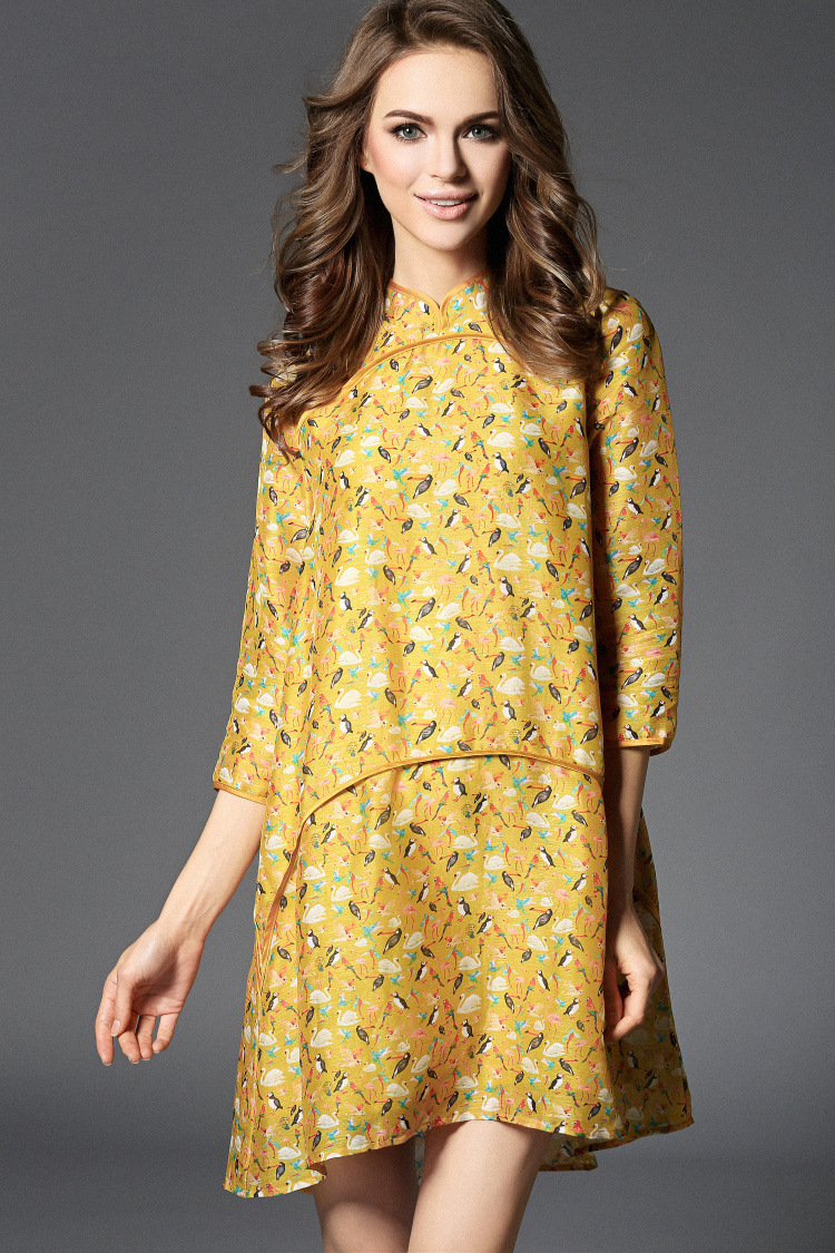 斯科维尔2016早春鸟雀天鹅真丝麻印花中式高贵立领宽松连衣裙女 黄色
