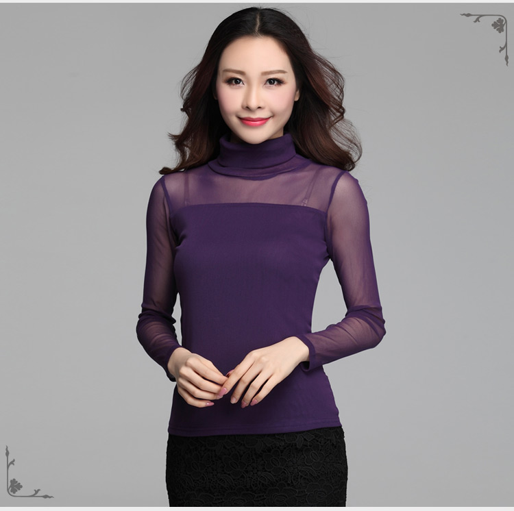 茹森蔓  2016秋季女款t恤性感蕾丝网纱圆领打底衫糖果色长袖低领薄款纱衣  638 黑色 L