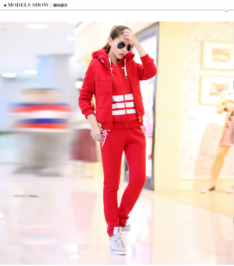 YN2015年秋冬新款大码女装时尚韩版三件套加绒加厚休闲运动卫衣套装女款 紫色 L