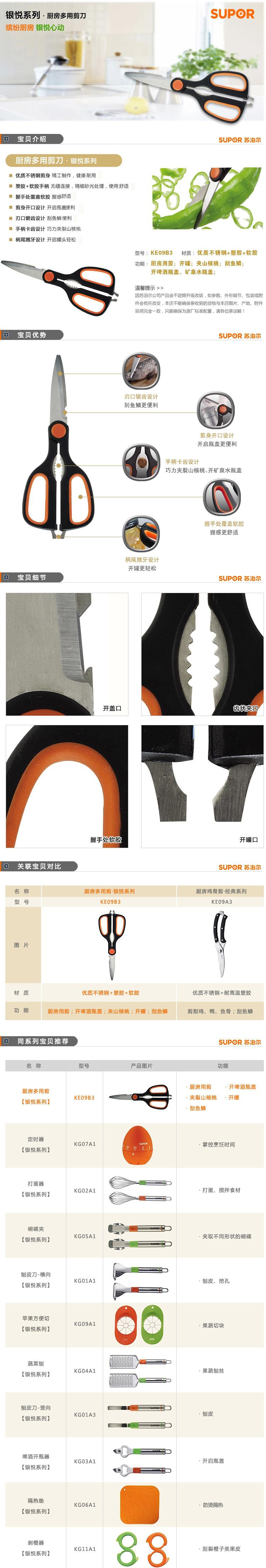 
                                        苏泊尔(SUPOR)多功能厨房剪刀KE09B3不锈钢防滑鸡骨剪鱼鳞刨开瓶器核桃夹                