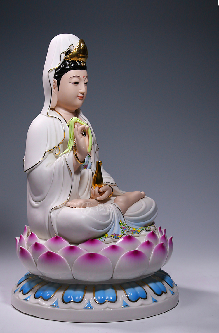 微美德化陶瓷14吋坐全莲笑脸观音佛像摆件家居供奉彩绘观世音菩萨白衣