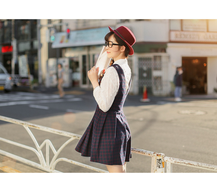 Mumu Home2016春装新款日系学院风甜美格纹修身V领无袖连衣裙 深蓝色 XS