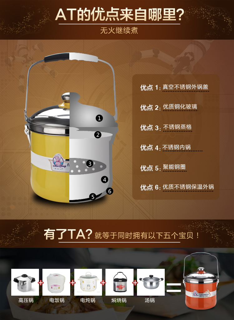 洋夫人 正品不锈钢汤锅复底 蒸锅闷烧锅免火再煮锅5L 保温节能锅 黄色 5L