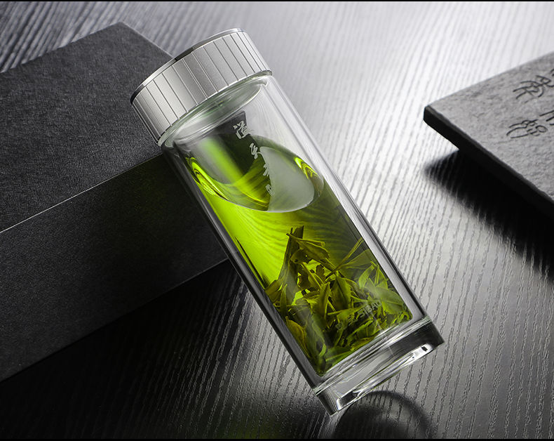 思宝玻璃杯溢天香男女士双层保温水杯商务泡茶杯子水晶杯口杯高山蓝