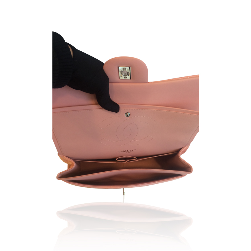 99新未使用 chanel 蜜桃粉漆皮银链jumbo单肩包