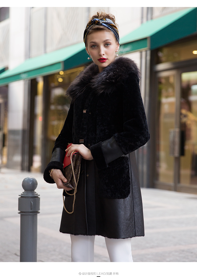 岚爵2015冬新款皮毛一体外套女 中长款貉子毛领羊毛皮草大衣 lj5033