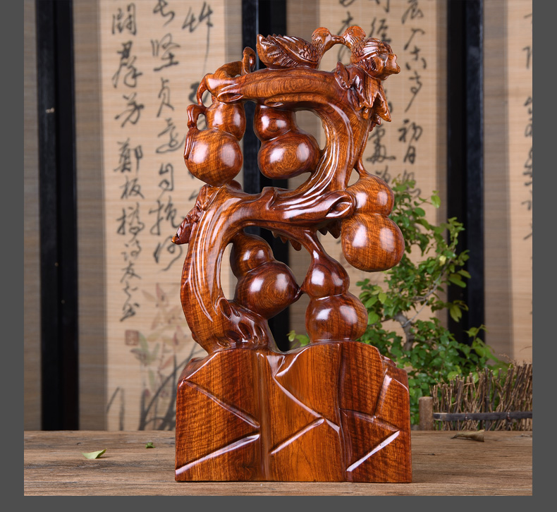 万传红木雕五福临门葫芦摆件实木葫芦花梨葫芦大摆件大号实木雕刻