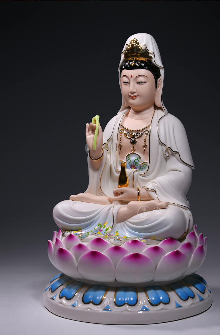 微美德化陶瓷14吋坐全莲笑脸观音佛像摆件家居供奉彩绘观世音菩萨白衣
