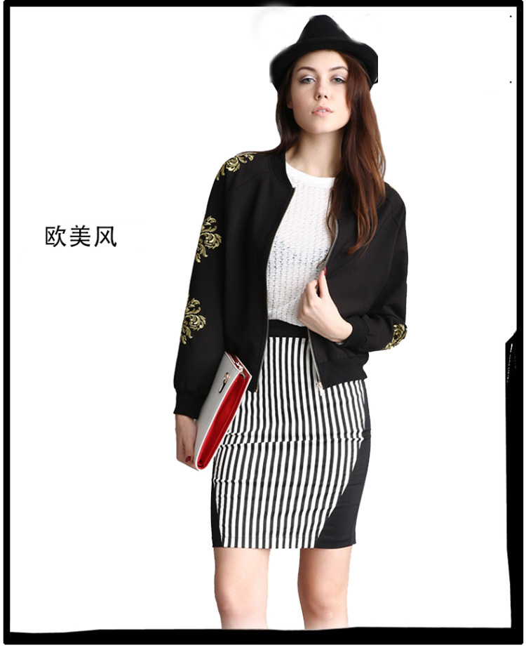 
                                        茉蒂菲莉 棒球服女刺绣2016时尚棒球衫 圆领长袖宽松秋冬天短外套女 黑色 L                