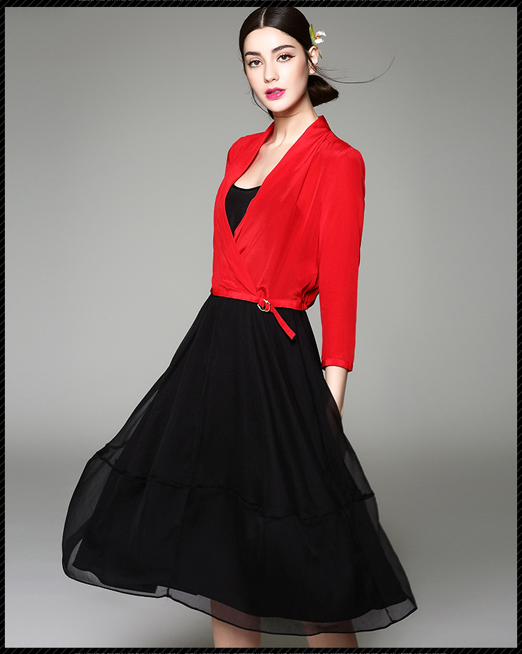 femly 法曼丽 2016春夏新品女装气质收腰长袖中长裙大摆两件套连衣裙