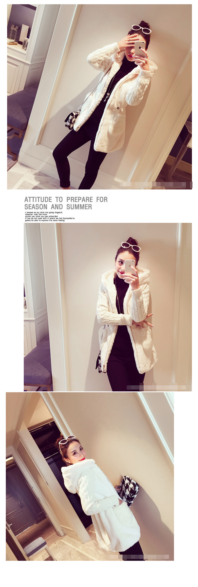 澳奇美（Aoqimei）2015秋冬装新款经典时尚针织拼接毛绒加厚带帽外套女9173 驼色 M
