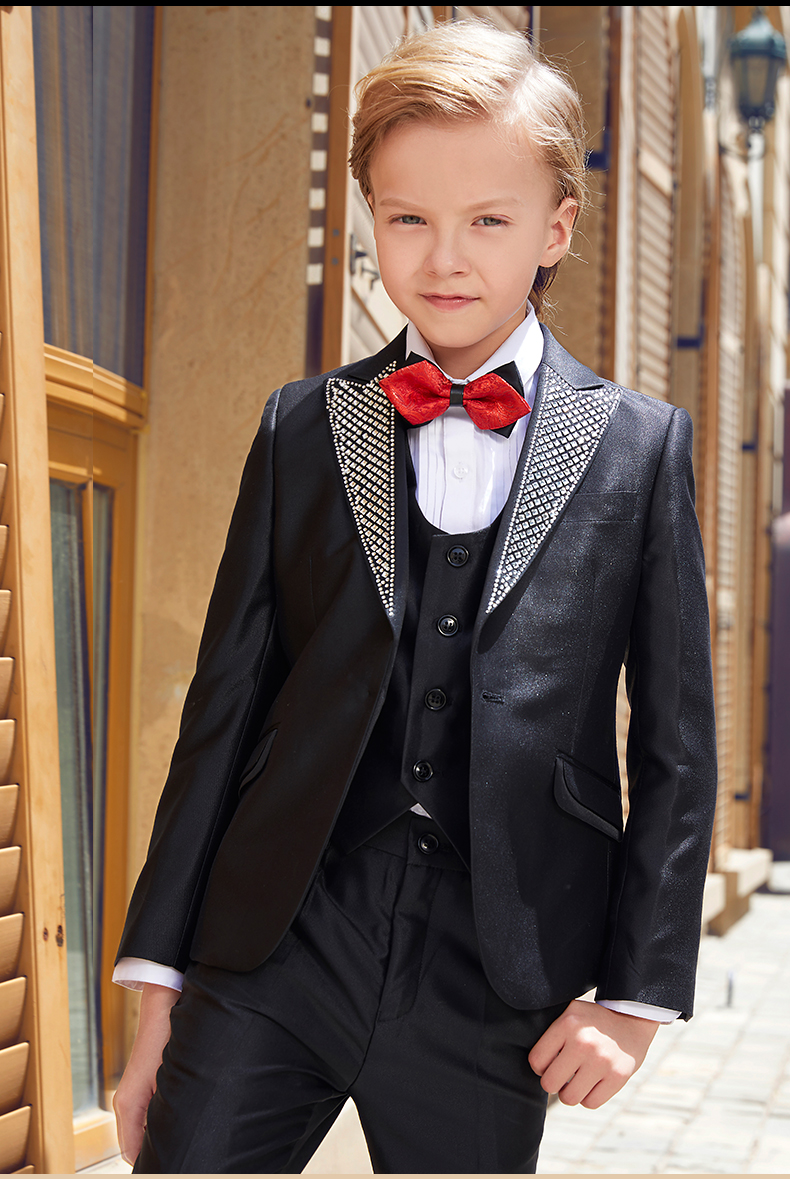 boerss男童西装套装儿童法式烫钻礼服宝宝时尚模特走秀帅气演出服黑色