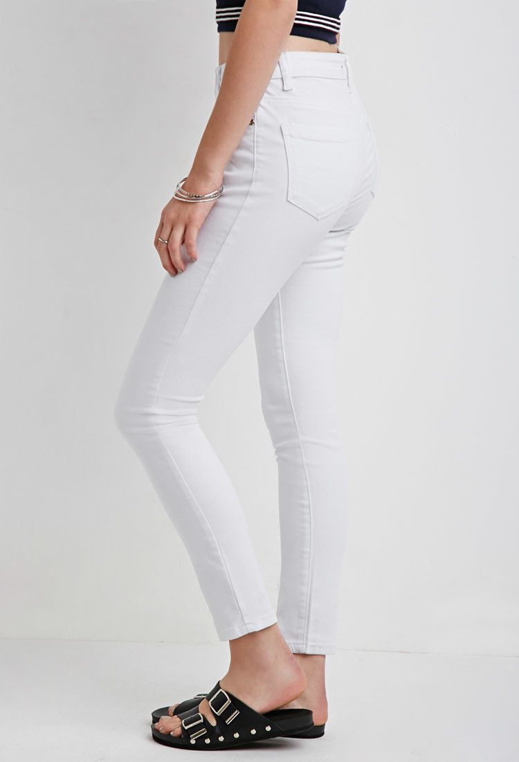 FOREVER21 经典中腰显瘦小脚牛仔长裤 米色 27