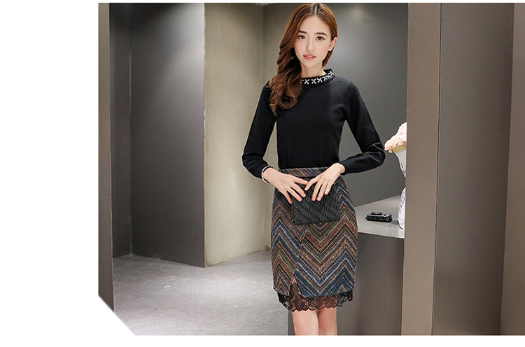 法琦玛帝2015女装秋季新款韩版时尚冬季修身两件套包臀裙中长款长袖针织连衣裙毛呢秋冬打底裙 图片色 M