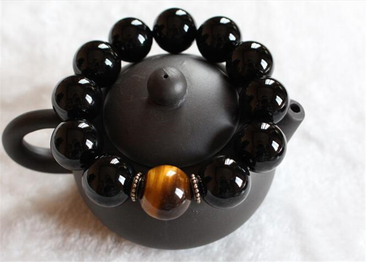 灵指 黑玛瑙男款虎眼石佛珠手链手串 12毫米