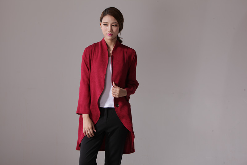 6079#秋季2015休闲小西装女外套亚麻显瘦中长款长袖休闲西服 藏青色 M