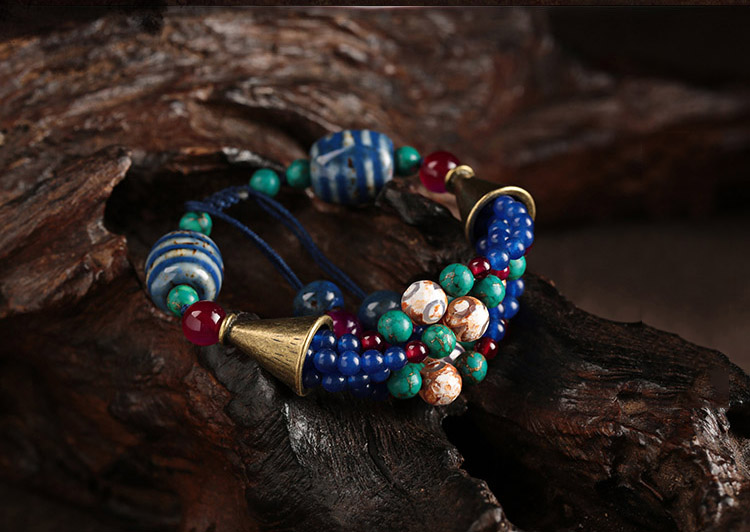 意恋 民族风手链多层陶瓷天珠玛瑙手串配饰品女 礼物