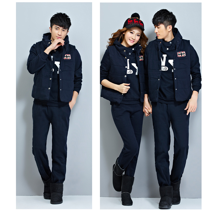 摩菲朵 2015新款韩版男女卫衣三件套加绒情侣装运动套装 WY6025 深蓝色 女  M