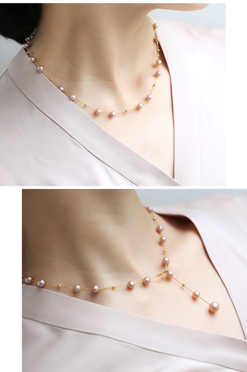 海蒂珠宝 珍珠项链 圆珠强光满天星淡水珍珠项链 18k金锁骨链 紫桐 5.