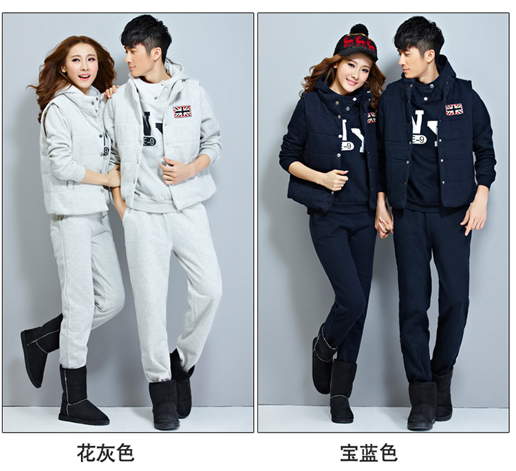 摩菲朵 2015新款韩版男女卫衣三件套加绒情侣装运动套装 WY6025 深蓝色 女  M