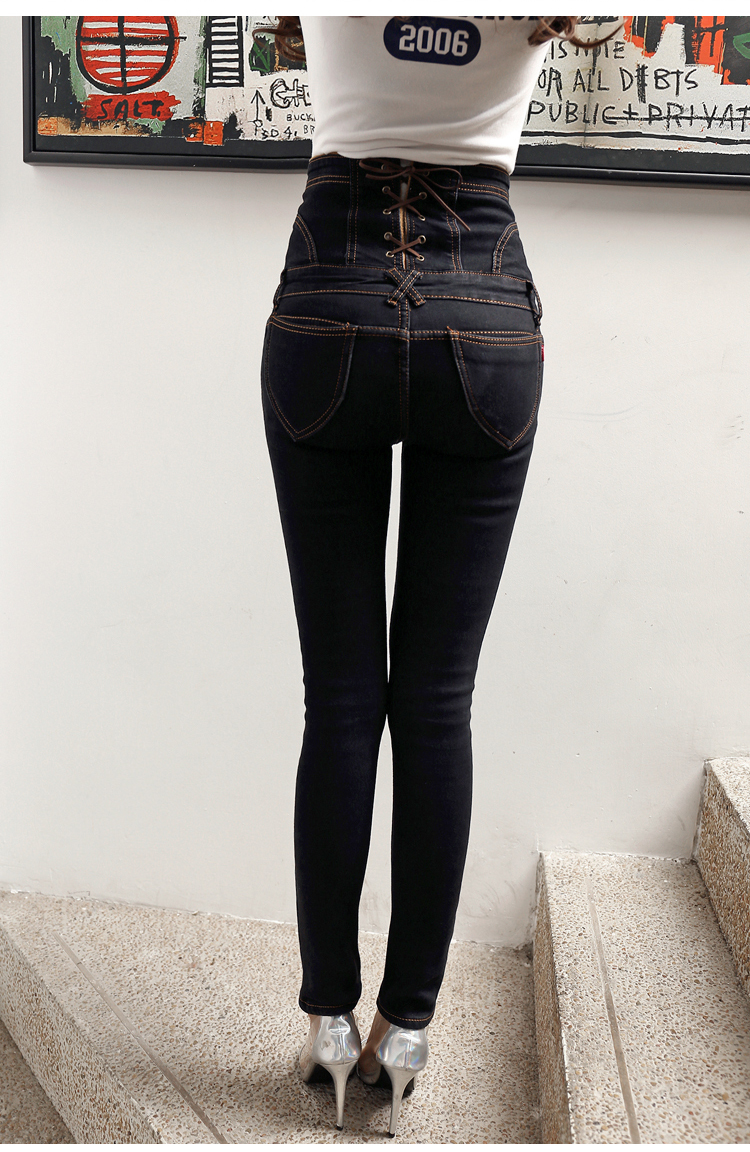 
                                        沐沐依晴高腰牛仔裤女小脚裤女士铅笔长裤收腰韩版修身束腰显瘦秋冬 弹力大码 蓝色后弹 不加绒 M码 100斤左右                
