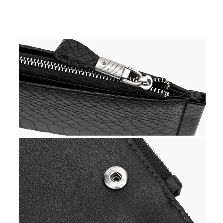 贝尔男士蟒蛇纹牛皮多功能单拉链长款卡包 黑色73882