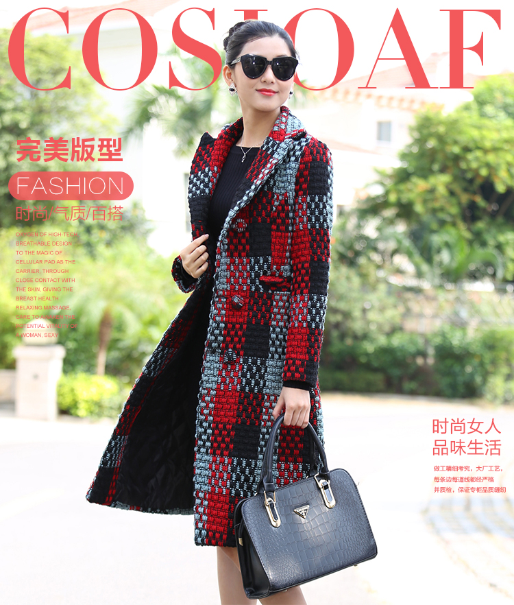 朵媤 2016新款毛呢中长款加棉加厚大衣外套女 蓝 色 M