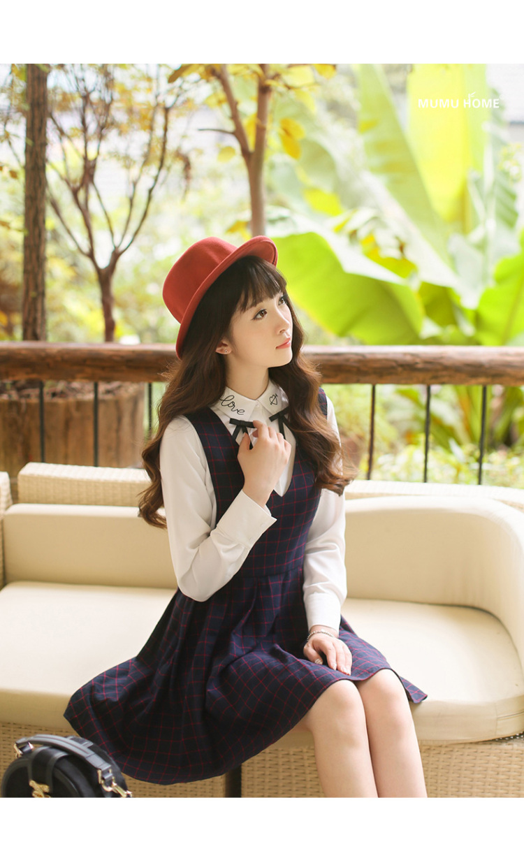 Mumu Home2016春装新款日系学院风甜美格纹修身V领无袖连衣裙 深蓝色 XS