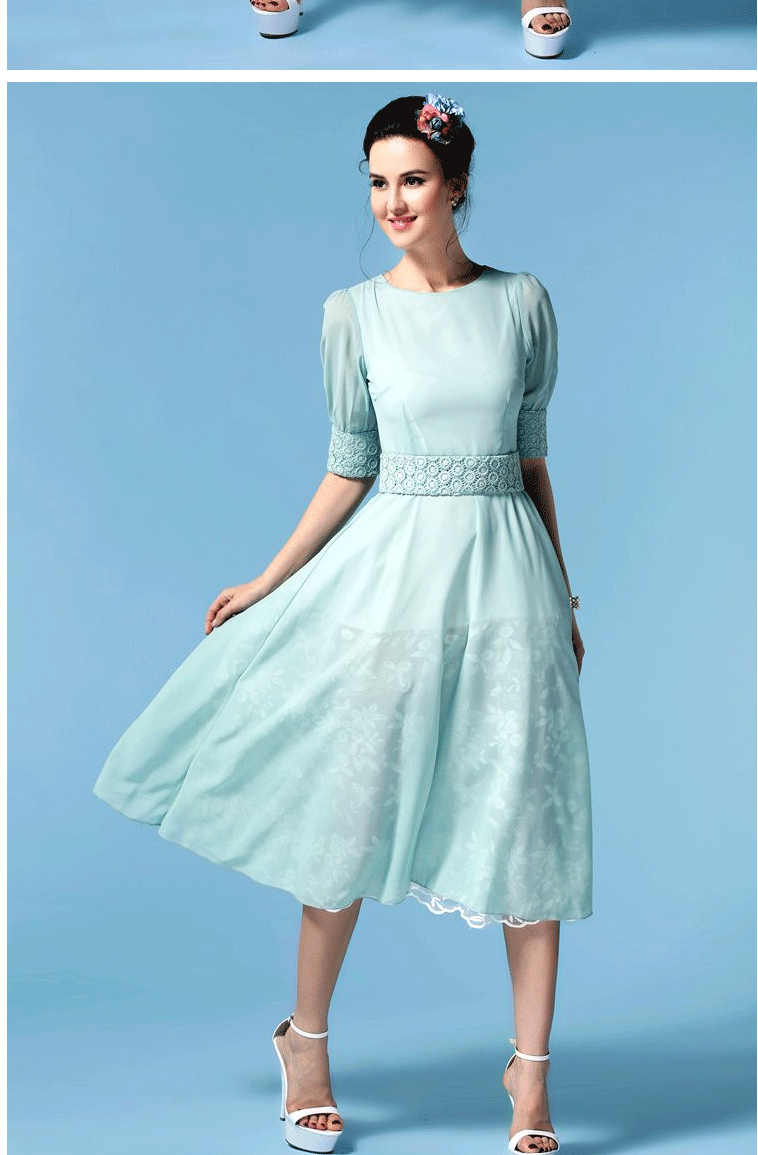 薇尼卡儿纯色中袖连衣裙女2016夏季新款优雅欧根纱绣花长裙6069# 翠