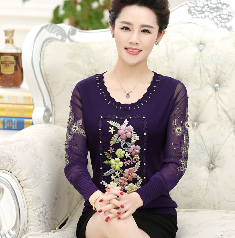 中老年女装2016新款妈妈装春装舒适宽松中年女士大码长袖针织衫打底