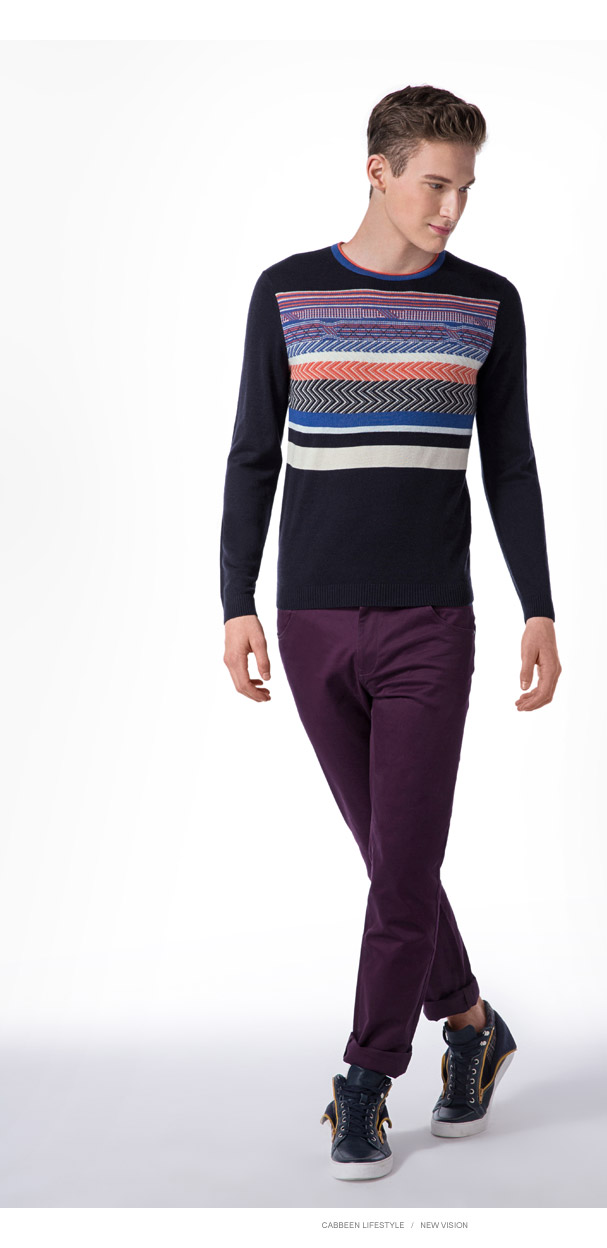 卡宾cabbeen2015秋冬新款 男士条纹圆领休闲修身长袖毛衣潮b