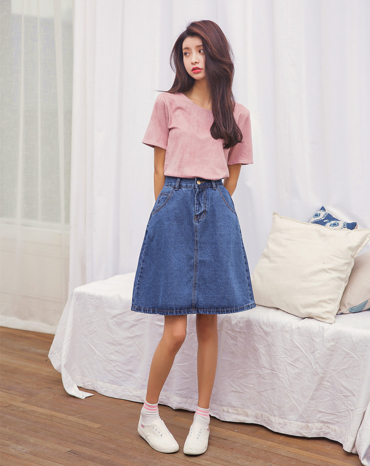 胧月丽妍2016四季百搭基础款弹力牛仔a字裙女c5 蓝色 s