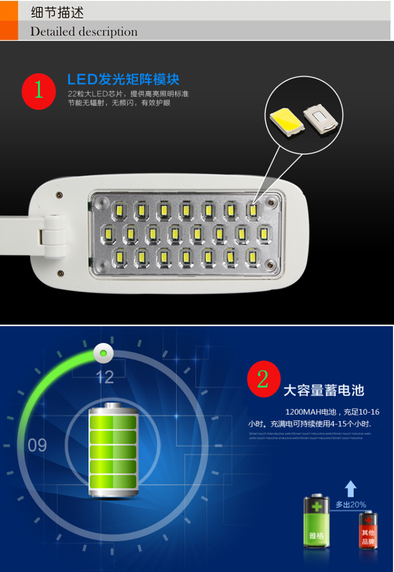 雅格YAGE台灯 可充电 折叠式 触控调光 LED 阅读灯多种模式 YG-5922 YG-5922蓝色