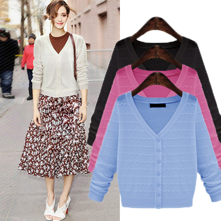 女装 针织衫 胧月丽妍 胧月丽妍2015秋季波浪纹长袖针织衫开衫修身