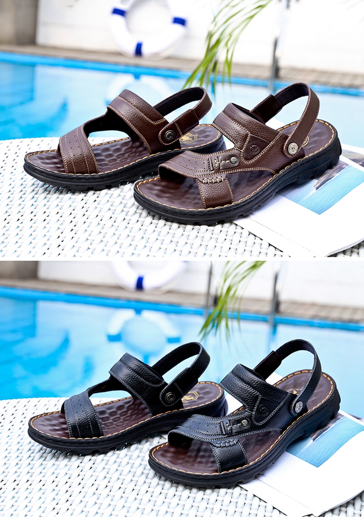 CAMEL Brand Men's Casual Slippers, Genuine Leather Sandals, Cowhide Breathable Wear-Resistant Beach Shoes, W822287612, Brown, Size 40 14