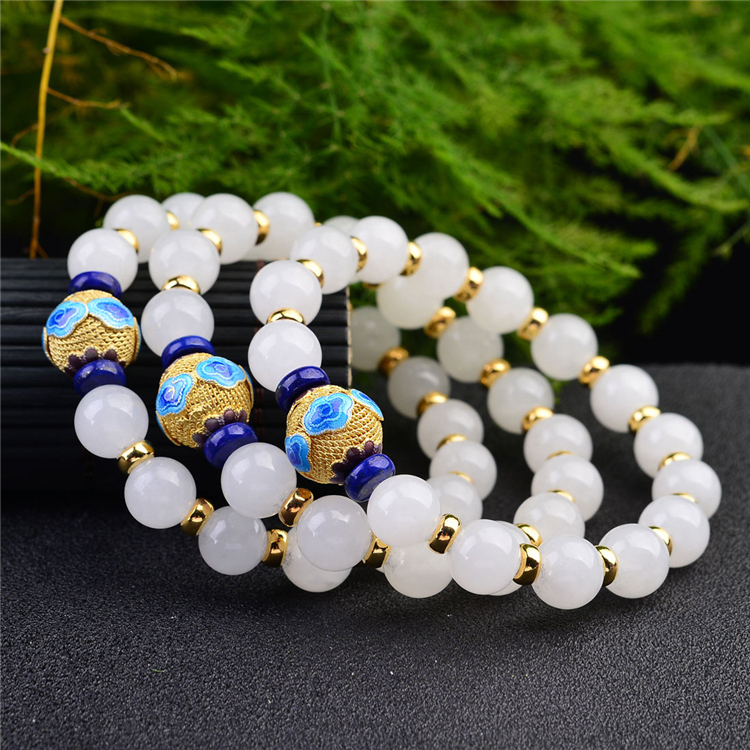 竔立 和田玉白玉搭配景泰蓝青金石隔珠手链单圈手串女款手环手饰礼物